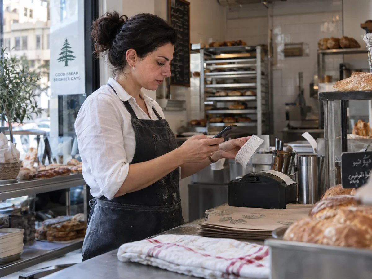 A bakery owner compares a receipt with her phone from behind her working counter.