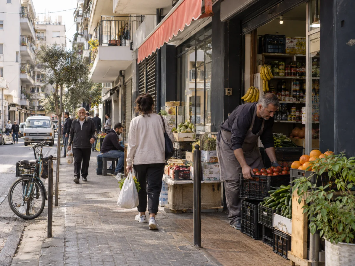 An imagined Beirut neighborhood with independent shops and residents going about their daily errands.