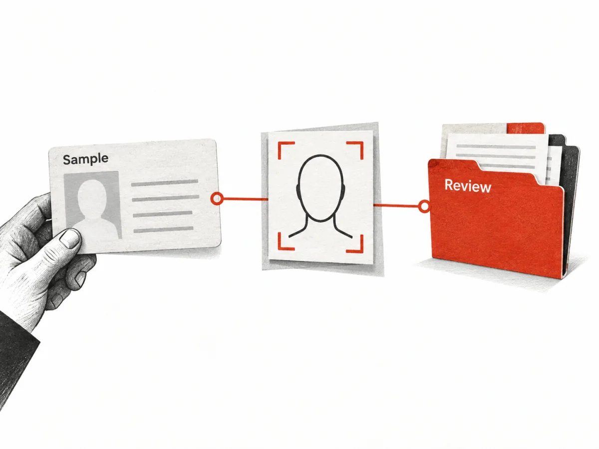 A sample identity card and a face outline lead into an identity-review folder.