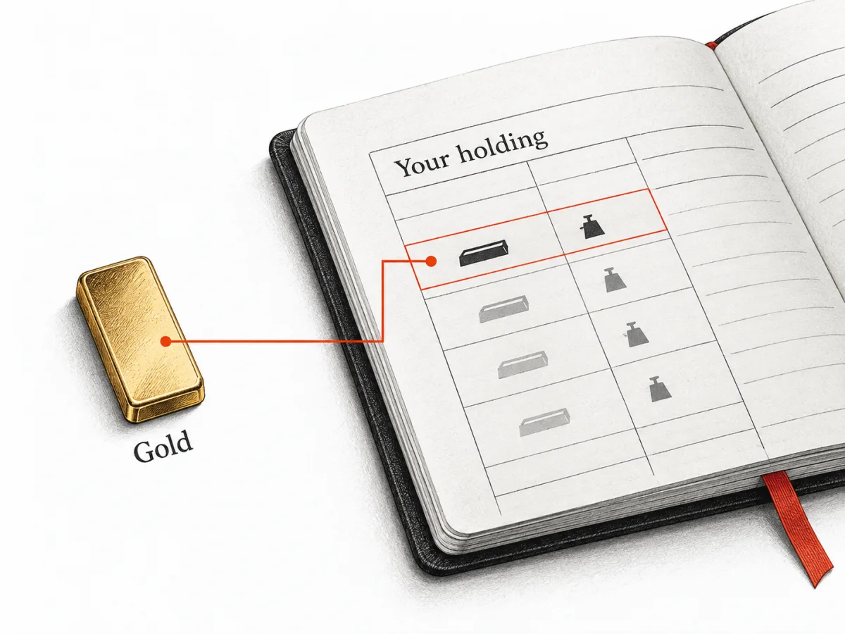 A small gold bar connects to its corresponding entry in a holding ledger.