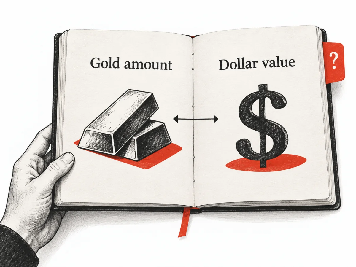 An open reference notebook connects a gold amount to its dollar value.