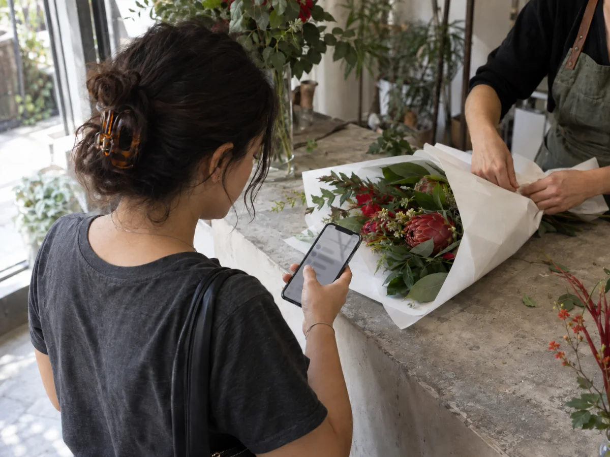 A customer checks her phone while a florist wraps her purchase at the counter.