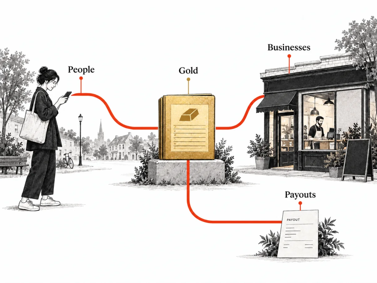 A neighborhood payment model connects a person, a gold holding, a merchant and an external payout.