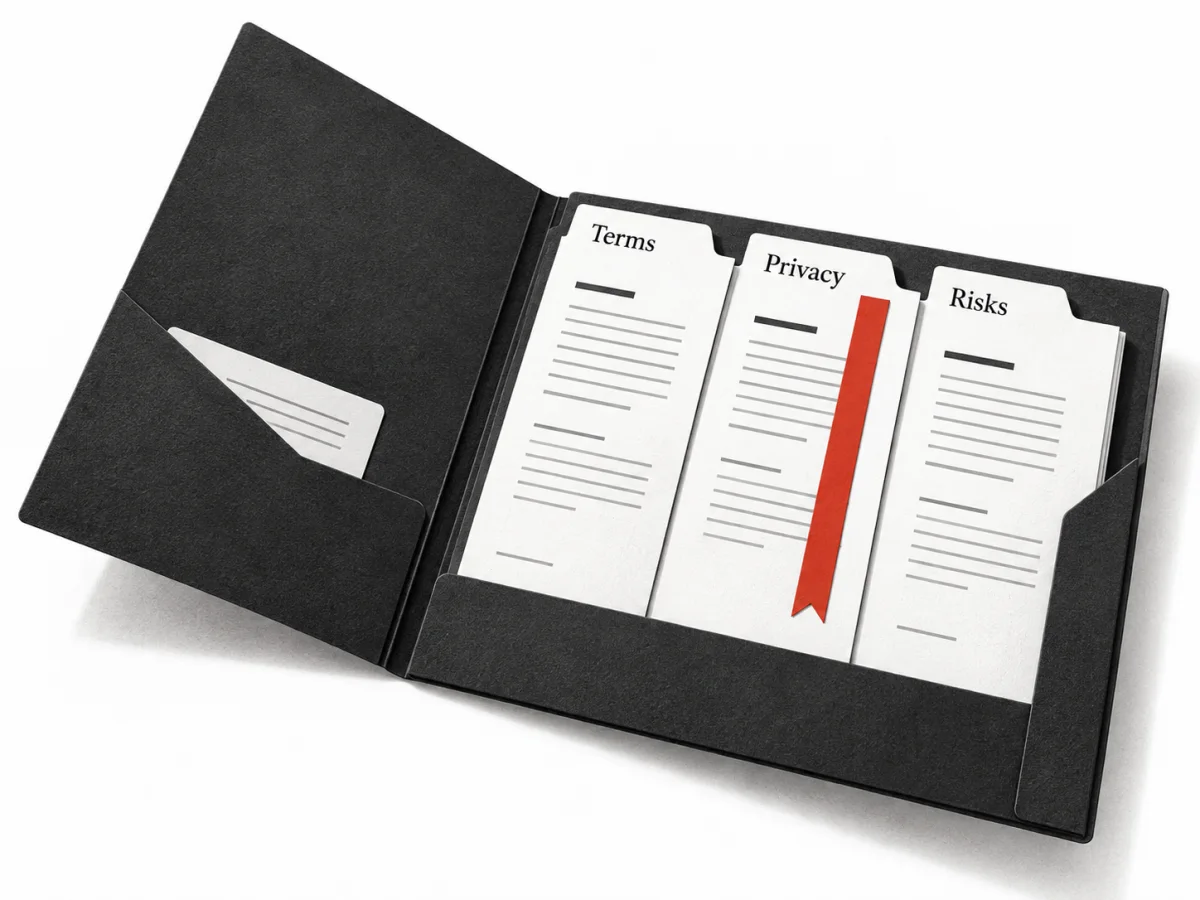 An open information folder organizes separate pages for terms, privacy and risks.