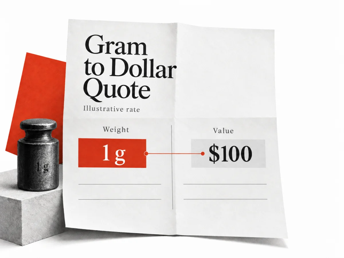 An illustrated quote connects one gram with one hundred dollars at an explicitly illustrative rate.