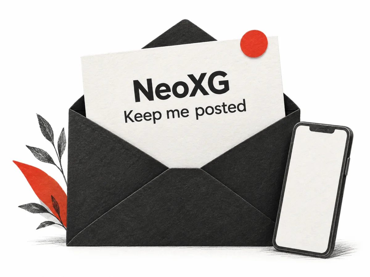 A NeoXG keep-me-posted invitation emerges from an envelope beside a phone outline.