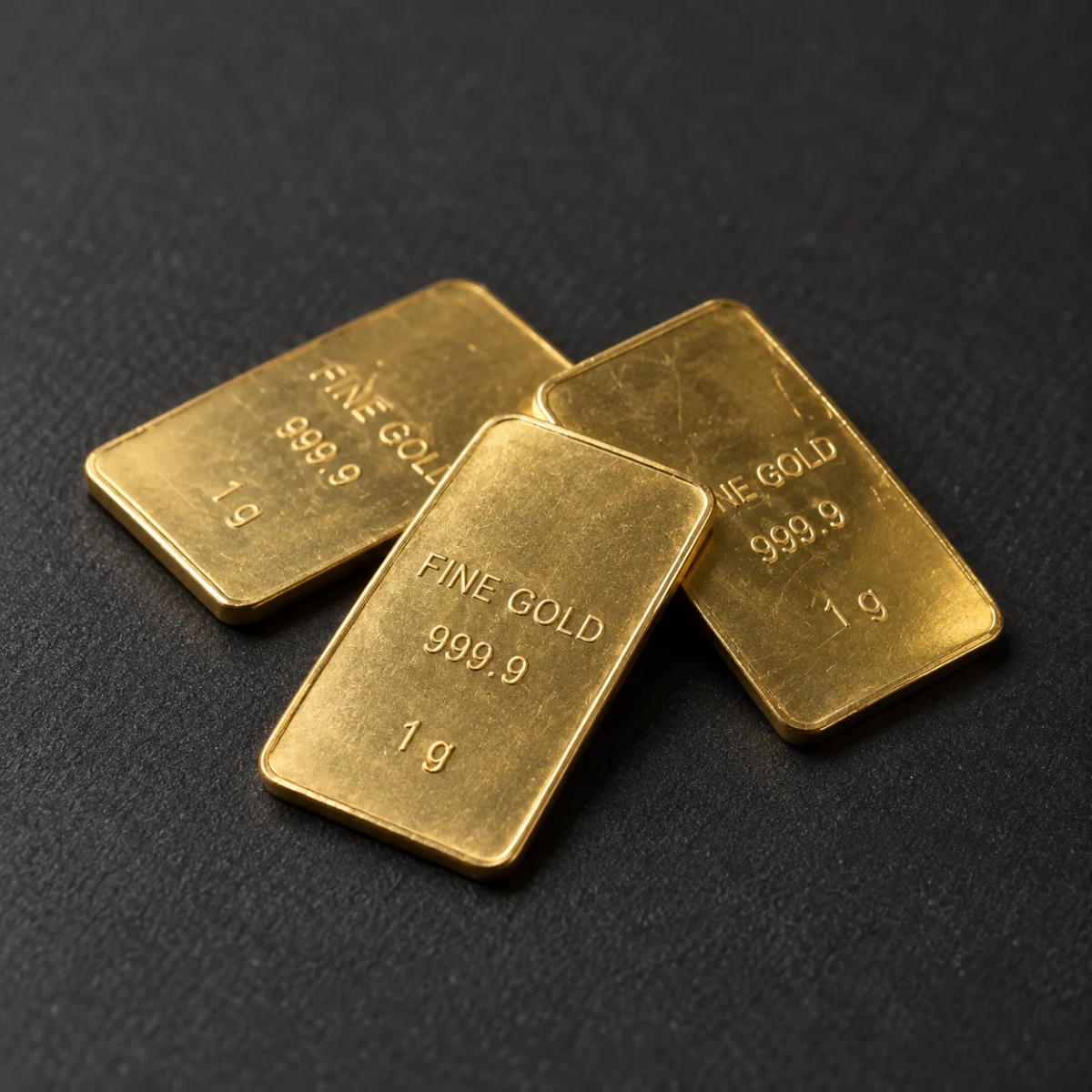 Three thin one-gram gold bars on a charcoal surface, stamped fine gold 999.9.